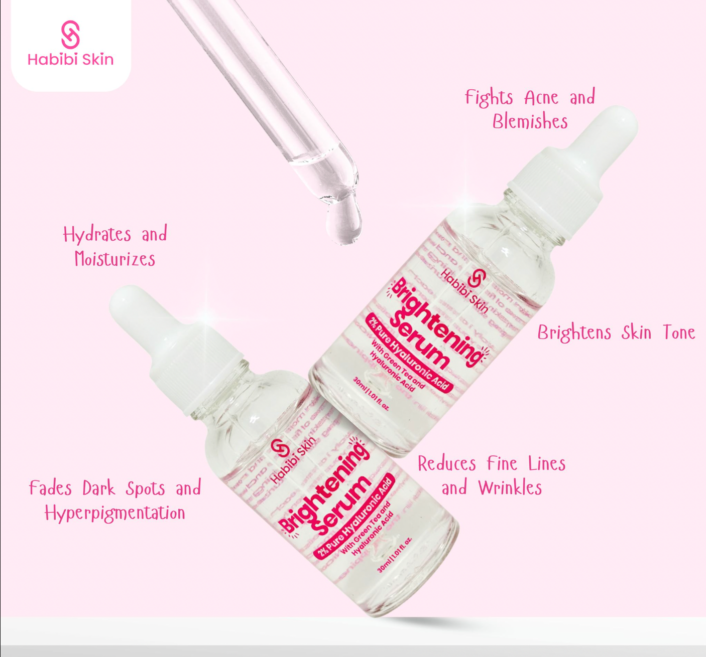 Habibi Skin Brightening Serum 30ml – Hyaluronic Acid & Green Tea | Hydrating, Anti-Aging & Dark Spot Corrector